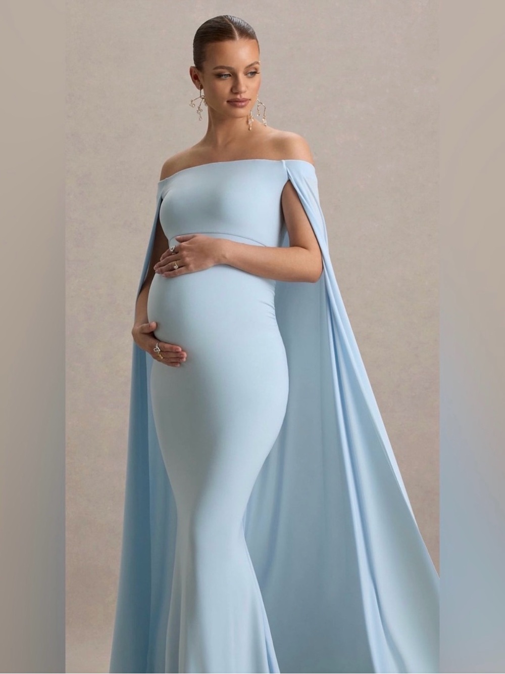 Club L London Off-Shoulder Cape Maxi Dress in Light Blue